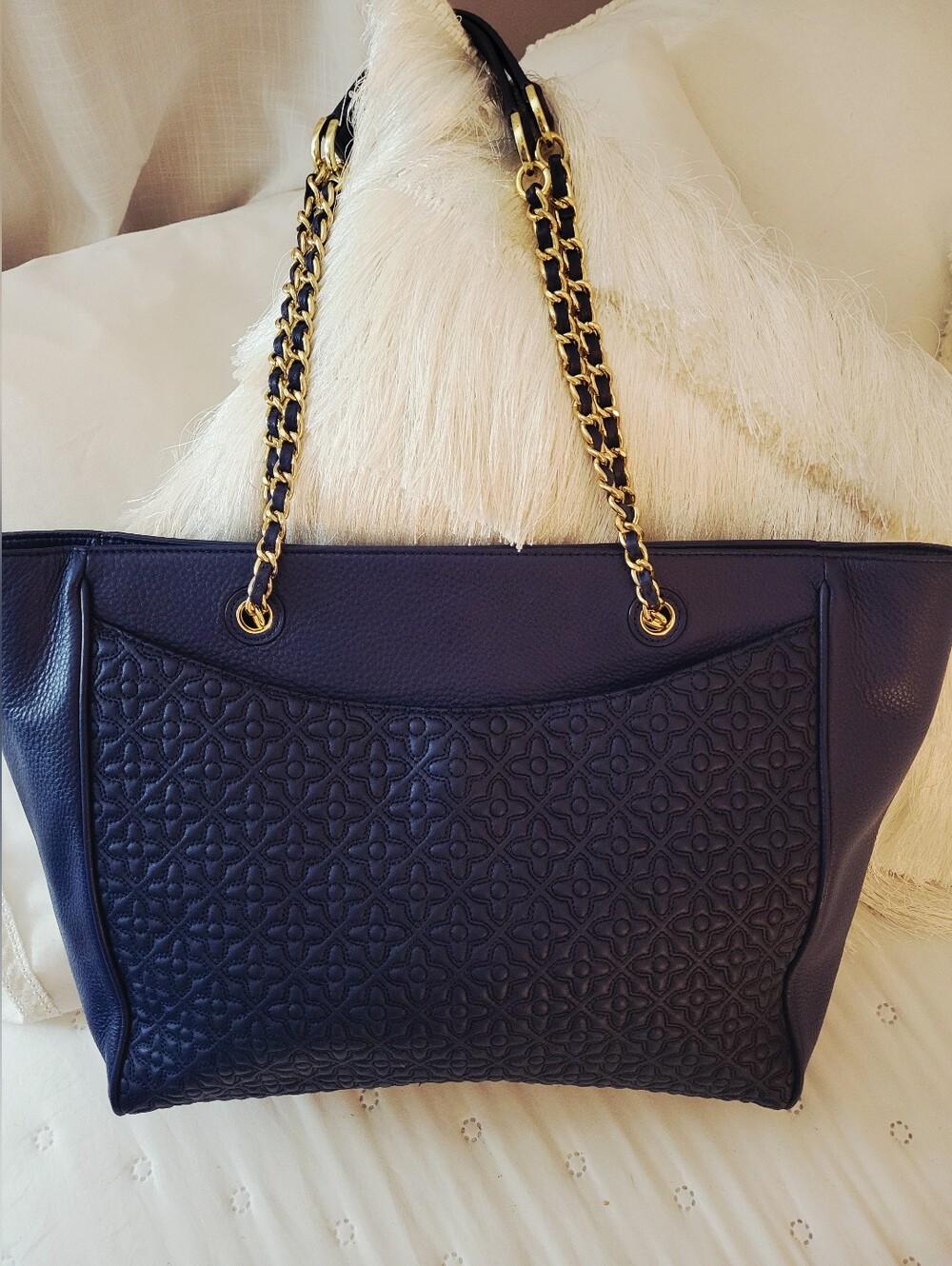 Tory Burch Bryant Quilted Leather East West Tote Bag Hudson Bay Navy Blue - Picture 2 of 13